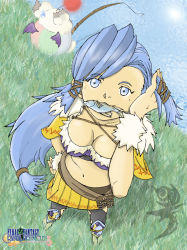 Rule 34 | 1girl, :3, artist request, blue eyes, blue hair, breasts, final fantasy, final fantasy crystal chronicles, fish, fish in mouth, fishing, looking at viewer, looking up, moogle, sandals, selkie, smile, sweatdrop, tagme, wolfie selkie (female)