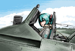 Rule 34 | 1girl, aircraft, airplane, cloud, cockpit, day, hair over one eye, hatsune miku, henschel hs 129, holographic weapon sight, military, mirror, pilot, reflector sight, rxjx, sky, solo, upper body, vocaloid