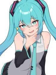 Rule 34 | 1girl, :d, absurdres, bare shoulders, black skirt, black sleeves, blue eyes, blue hair, blue nails, blush, commentary, detached sleeves, grey shirt, hair between eyes, hand on own chin, hand up, hatsune miku, head tilt, highres, kumada gaon, leaning forward, long hair, looking at viewer, miniskirt, nail polish, open mouth, pleated skirt, shirt, shoulder tattoo, single detached sleeve, skirt, smile, smug, solo, staring, tattoo, twintails, very long hair, vocaloid, wide sleeves