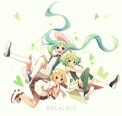 Rule 34 | 3girls, arisa (aren), bad id, bad pixiv id, blonde hair, brown eyes, copyright name, dress, elbow gloves, floating hair, gloves, green eyes, green hair, gumi, hair ornament, hairclip, hat, hatsune miku, heart, heart background, highres, kagamine rin, long hair, multiple girls, necktie, open mouth, short hair, simple background, striped clothes, striped legwear, striped thighhighs, stuffed animal, stuffed toy, thighhighs, twintails, vertical-striped clothes, vertical-striped legwear, vertical-striped thighhighs, very long hair, vocaloid