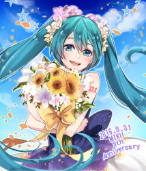 Rule 34 | 1girl, 2016, :d, blue eyes, blue hair, blue sky, blush, bouquet, character name, cloud, dated, day, floating hair, flower, hair between eyes, hair flower, hair ornament, hatsune miku, holding, holding bouquet, long hair, looking at viewer, mamo (fortune-mm), open mouth, outdoors, pink flower, shiny skin, skirt, sky, sleeveless, smile, solo, sunflower, twintails, very long hair, vocaloid, white flower, yellow flower