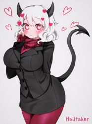 1girl, arm behind back, black horns, black jacket, black miniskirt, black skirt, black suit, black tail, blush, breasts, business suit, closed mouth, copyright name, curly hair, demon girl, demon horns, demon tail, formal, heart, heart-shaped pupils, helltaker, highres, horns, jacket, kairi630, large breasts, long sleeves, looking at viewer, medium hair, miniskirt, modeus (helltaker), pantyhose, red eyes, red legwear, red sweater, ribbed shirt, shirt, short hair, simple background, skirt, sleeves past wrists, solo, standing, suit, sweater, symbol-shaped pupils, tail, thighhighs, turtleneck, white background, white hair