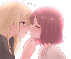 Rule 34 | 2girls, blonde hair, blue eyes, blush, closed eyes, grabbing another&#039;s chin, hand on another&#039;s chin, imminent kiss, long hair, multiple girls, new game!, open mouth, purple hair, short hair, simple background, tongue, tongue out, tooyama rin, white background, yagami kou, yuri, yuuki (yunky373)