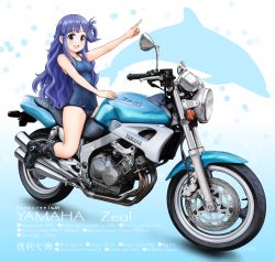 Rule 34 | 1girl, absurdres, asari nanami, black footwear, blue eyes, blue hair, blue one-piece swimsuit, boots, character name, commentary, dolphin, english text, flick (sal23), hair tie, highres, idolmaster, idolmaster cinderella girls, logo, long hair, looking at viewer, motor vehicle, motorcycle, old school swimsuit, on motorcycle, one-piece swimsuit, open mouth, pointing, school swimsuit, shadow, smile, solo, swimsuit, translated, twitter username, yamaha, yamaha zeal