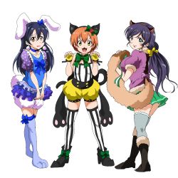 Rule 34 | 3girls, absurdres, animal costume, animal ears, blue hair, cat costume, cat ears, closed mouth, hair between eyes, hair ornament, highres, hoshizora rin, lily white (love live!), long hair, looking at viewer, love live!, love live! school idol festival, love live! school idol project, multiple girls, open mouth, orange hair, paw pose, purple hair, rabbit costume, rabbit ears, ribbon, shogo (4274732), short hair, simple background, smile, sonoda umi, standing, striped clothes, striped legwear, striped thighhighs, tanuki costume, thighhighs, tojo nozomi, twintails, vertical-striped clothes, vertical-striped thighhighs, wavy mouth, white background, yellow eyes