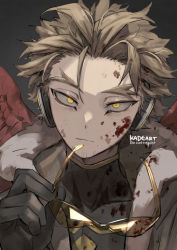 Rule 34 | 1boy, :|, adam&#039;s apple, black gloves, black shirt, blonde hair, blood, blood on clothes, blood on face, boku no hero academia, bomber jacket, brown jacket, closed mouth, costume, unworn eyewear, facial hair, facial mark, feathered wings, feathers, forked eyebrows, fur-trimmed jacket, fur trim, gloves, goatee, hawks (boku no hero academia), headphones, high collar, holding, holding removed eyewear, jacket, kadeart, looking at viewer, male focus, portrait, red feathers, red wings, rimless eyewear, shirt, short hair, skin tight, solo, stubble, thick eyebrows, tight clothes, tight shirt, tinted eyewear, twitter username, wings, yellow eyes