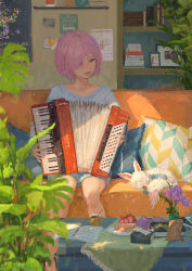 Rule 34 | 1girl, absurdres, accordion, blue skirt, chinese commentary, collarbone, commentary request, couch, cup, fate/grand order, fate (series), flower, fou (fate), hair over one eye, highres, indoors, instrument, mash kyrielight, music, open mouth, pink eyes, pink hair, plant, playing instrument, potted plant, shade, shirt, sitting, skirt, smile, teeth, white shirt, xilmo