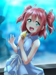 Rule 34 | 1girl, :d, aqua eyes, aquarium, blue dress, blush, collared dress, commentary request, dress, food, hair ribbon, hand on glass, highres, holding, holding food, ice cream, ice cream cone, kurosawa ruby, light blush, looking at viewer, love live!, love live! sunshine!!, open mouth, red hair, ribbon, sleeveless, sleeveless dress, smile, solo, two side up, white ribbon, yopparai oni