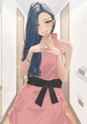 Rule 34 | 1girl, absurdres, apron, asymmetrical bangs, asymmetrical hair, blue hair, blush, bracelet, collarbone, commentary, eyes visible through hair, forehead, hair over shoulder, hara kenshi, highres, indoors, jewelry, kimishima touka, long hair, looking at viewer, original, own hands together, pink apron, ring, smile, solo, sparkle, very long hair, wooden floor, yellow eyes