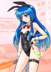 Rule 34 | 1girl, animal ears, bare legs, black leotard, blue hair, bow, bowtie, breasts, chain, contrapposto, covered navel, cowboy shot, detached collar, hand on own hip, hinanawi tenshi, holding, holding weapon, leg belt, leotard, long hair, looking at viewer, mail (mail gell), playboy bunny, rabbit ears, rabbit tail, red bow, red bowtie, red eyes, small breasts, solo, standing, sword, sword of hisou, tail, touhou, weapon, wrist cuffs