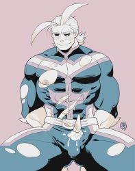 Rule 34 | 1boy, all might, antenna hair, bara, blush, bodysuit, boku no hero academia, bulge, covered abs, food, food on body, ice cream, large pectorals, male focus, mature male, muscular, muscular male, nantaimori, nipples, pectorals, sekijaku, short hair, sitting, smile, solo, spread legs, thick thighs, thighs, torn bodysuit, torn clothes