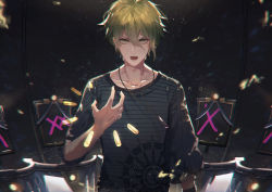 Rule 34 | 1boy, amami rantaro, collarbone, danganronpa (series), danganronpa v3: killing harmony, green eyes, green hair, grey shirt, hair between eyes, jewelry, male focus, md5 mismatch, necklace, open mouth, resolution mismatch, shirt, solo, source larger, standing, striped clothes, striped shirt, uwro