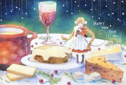 Rule 34 | 1girl, animal ears, blonde hair, blue eyes, boots, braid, bread, cake, cheese, cup, dated, dress, drink, eating, food, garnish, happy new year, mouse ears, mouse girl, mouse tail, nengajou, new year, on table, original, plate, red dress, skirt, sora ivy, standing, table, tail, twin braids