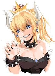 Rule 34 | 1girl, absurdres, armlet, bad id, bad pixiv id, bare shoulders, black nails, blonde hair, blue eyes, bowsette, breasts, cleavage, collar, collarbone, cropped torso, dated, earrings, fitz (fita is the smartest), grin, hair between eyes, highres, horns, jewelry, long hair, looking at viewer, mario (series), medium breasts, nail polish, new super mario bros. u deluxe, nintendo, pointy ears, ponytail, sharp teeth, signature, sketch, smile, solo, strapless, super crown, teeth, upper body
