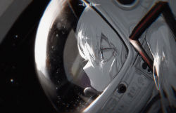 Rule 34 | 1girl, blue eyes, chinese commentary, chromatic aberration, close-up, commentary, crying, crying with eyes open, from side, greyscale, hair ornament, half-closed eyes, hatsune miku, headset, helmet, highres, konya karasue, long hair, looking away, monochrome, solo, space, space helmet, spacesuit, spot color, star (sky), tears, twintails, vocaloid