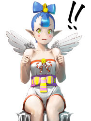 Rule 34 | !, !!, 1girl, amanozako (megami tensei), bare arms, bare shoulders, bell, blue hair, collarbone, facial mark, hands up, highres, jingle bell, looking at viewer, mak neutral, mini wings, open mouth, pointy ears, ringed eyes, sash, shin megami tensei, short hair, simple background, sitting, solo, strapless, v-shaped eyebrows, white background, wings, yellow eyes, yellow pupils