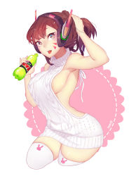 Rule 34 | 1girl, :p, alternate costume, alternate hairstyle, animal print, aran sweater, artist name, backless dress, backless outfit, bare shoulders, bottle, breasts, brown eyes, brown hair, cable knit, casual, cowboy shot, d.va (overwatch), drawstring, dress, facepaint, facial mark, fingernails, halterneck, hand in own hair, hand up, headphones, holding, holding bottle, large breasts, long fingernails, long hair, looking at viewer, meme attire, mountain dew, nail polish, naked sweater, nanoless, no bra, overwatch, overwatch 1, pink nails, pinky out, ponytail, rabbit print, ribbed sweater, sideboob, sleeveless, sleeveless turtleneck, solo, sweater, sweater dress, teeth, thighhighs, tongue, tongue out, turtleneck, turtleneck sweater, virgin killer sweater, whisker markings, white dress, white sweater, white thighhighs