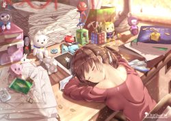Rule 34 | 1girl, aperture science weighted companion cube, bad id, bad pixiv id, book, brown hair, cassette tape, character doll, chinchongcha, clock, closed eyes, creatures (company), crossover, day, digimon (creature), digital clock, game freak, highres, indoors, kaonashi, kirby, kirby (series), marvel, minecraft, multiple crossover, my little pony, my little pony: friendship is magic, nintendo, object behind ear, original, overwatch, overwatch 1, paper stack, poke ball, poke ball (basic), pokemon, portal (series), portal 1, short hair, sitting, sleeping, solo, spider-man, spider-man (series), toy airplane, wall-e, wall-e (character), window