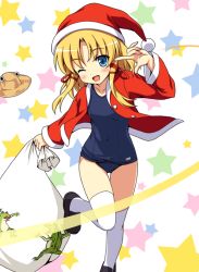 Rule 34 | 1girl, blonde hair, blue eyes, christmas, female focus, frog, hat, loafers, long hair, moriya suwako, one-piece swimsuit, one eye closed, pyonta, sack, santa costume, santa hat, school swimsuit, shoes, smile, solo, star (symbol), swimsuit, swimsuit under clothes, thighhighs, touhou, white thighhighs, wink, yamasan