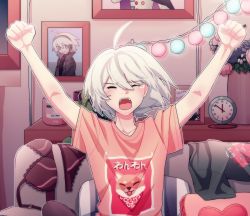 Rule 34 | 1boy, ahoge, animal print, arms up, black shirt, bra, cheer (cheerpuppy14), clock, closed eyes, clothes writing, collarbone, couch, danganronpa (series), danganronpa v3: killing harmony, dog print, grey hair, heart, heart-shaped pillow, indoors, k1-b0, open mouth, pale skin, panties, photo (object), pillow, pink shirt, red bra, red panties, shirt, short hair, sitting, solo, teeth, translation request, underwear, upper body, upper teeth only, window