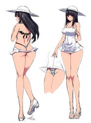 Rule 34 | 1girl, ass, back, backless dress, backless outfit, bare arms, bare legs, bare shoulders, bikini, bikini under clothes, black hair, blue bikini, blue eyes, blunt bangs, blush, breasts, character sheet, cleavage, closed mouth, copyright request, covered navel, curvy, dress, from behind, full body, groin, halter dress, halterneck, hat, high heels, hip focus, ishimiso (ishimura), large breasts, legs, long hair, looking at viewer, multiple views, sandals, simple background, sketch, sleeveless, sleeveless dress, smile, standing, striped bikini, striped clothes, sun hat, sundress, swimsuit, thighs, thong bikini, upskirt, whale tail (clothing), white background, white dress, white footwear, white hat, wide hips