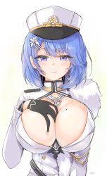 Rule 34 | 1girl, aye, azur lane, black gloves, blue eyes, blue hair, blush, breasts, chapayev (azur lane), gloves, hair ornament, hairclip, hat, highres, jacket, large breasts, looking at viewer, military hat, mole, mole on breast, peaked cap, short hair, smile, solo, white hat, white jacket