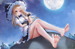 Rule 34 | 1girl, bare legs, barefoot, black bow, black bowtie, black hat, black wristband, blonde hair, bow, bowtie, braid, breasts, cloud, commission, crossed legs, feet, frills, hair bow, hat, kirisame marisa, legs, long hair, moon, nail polish, night, sitting, sky, soles, solo, star (sky), starry sky, toenail polish, toenails, toes, touhou, witch hat, wristband, xingchee, yellow eyes