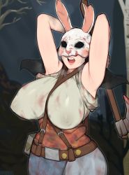Rule 34 | 1girl, afrobull, armpits, arms behind back, artist name, belt, blood, blood on clothes, breasts, covered erect nipples, covered eyes, cowboy shot, dead by daylight, facing viewer, grey shirt, hands up, highres, holding, holding weapon, huge breasts, mask, nipples, open mouth, rabbit mask, shirt, solo, suspenders, sweat, the huntress (dead by daylight), two-handed, veil, weapon