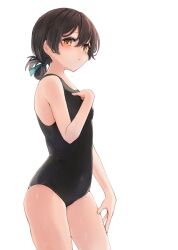 Rule 34 | 1girl, black hair, black one-piece swimsuit, blue ribbon, blush, breasts, brown eyes, commentary, covered navel, folded ponytail, hair ribbon, highres, kantai collection, kasuga maru (kancolle), long hair, looking at viewer, official alternate costume, old school swimsuit, one-piece swimsuit, ribbon, school swimsuit, simple background, small breasts, solo, swimsuit, yamashichi (mtseven)