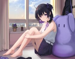 Rule 34 | 1girl, absurdres, bare shoulders, belt, black hair, blue bow, bow, butterfly earrings, colored inner hair, deidey, earrings, evening, feet, from side, hair bow, highres, hugging own legs, indie virtual youtuber, indoors, jewelry, legs, looking at viewer, miniskirt, multicolored hair, multicolored nails, one side up, plant, pleated skirt, potted plant, purple bow, purple eyes, purple hair, purple skirt, shirt, skirt, sleeveless, sleeveless shirt, solo, star (symbol), star print, virtual youtuber, weliped, white belt, white shirt, window, wing collar