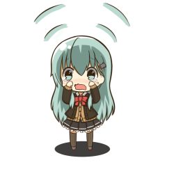 Rule 34 | 1girl, aqua eyes, aqua hair, ascot, brown thighhighs, cardigan, chibi, commentary, crying, full body, hair ornament, hairclip, jacket, kantai collection, long hair, open cardigan, open clothes, pleated skirt, remodel (kantai collection), school uniform, shrinking, simple background, skirt, solo, suzuya (kancolle), tarebin, thighhighs, white background