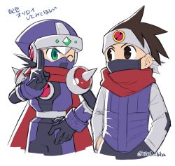 Rule 34 | 2boys, bandana, brown eyes, brown hair, chiha bobobo, commentary request, covered mouth, eye contact, green eyes, hands in pockets, highres, lan hikari (mega man), looking at another, male focus, mask, mega man (series), mega man battle network (series), mega man battle network 5, megaman.exe, mouth mask, multiple boys, ninja, one eye closed, scarf, short hair, simple background, sketch, translation request, white background