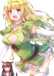 Rule 34 | 2girls, absurdres, animal ears, belt, black hair, blonde hair, blue eyes, boots, braid, breasts, cat ears, cat girl, cat tail, cleavage, collar, dress, elbow gloves, elf, gloves, green dress, green eyes, green hairband, hairband, headgear, highres, isekai maou to shoukan shoujo no dorei majutsu, large breasts, leu, long hair, metal collar, multiple girls, nyaa (nnekoron), o-ring collar, open mouth, pointy ears, rem galleu, shera l. greenwood, small breasts, tail, thigh boots, thighhighs, very long hair, white gloves