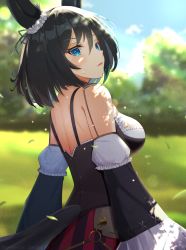 Rule 34 | 1girl, absurdres, animal ears, back, black hair, blue eyes, blush, breasts, commentary request, detached sleeves, eishin flash (umamusume), grass, highres, horse ears, horse girl, horse tail, looking at viewer, medium breasts, melow menow, solo, summer, sweat, tail, twitter username, umamusume