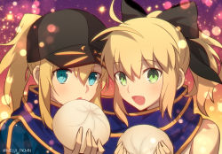 Rule 34 | 2girls, :d, ahoge, artoria pendragon (all), artoria pendragon (fate), baseball cap, black bow, black eyes, black headwear, blonde hair, blue jacket, blue scarf, bow, fate/grand order, fate (series), food, green eyes, hair between eyes, hair bow, hat, high ponytail, holding, holding food, jacket, long hair, looking at viewer, meiji ken, multiple girls, mysterious heroine x (fate), open mouth, portrait, saber lily, scarf, shared clothes, shared scarf, sleeveless, smile, twitter username
