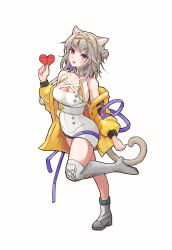 Rule 34 | 1girl, absurdres, animal ears, arknights, bare shoulders, boots, cat ears, cat tail, collar, commentary request, daoshi niang lan er, full body, grey footwear, grey hair, hair bun, hairband, hand up, heart, high heel boots, high heels, highres, holding, infection monitor (arknights), jacket, kazemaru (arknights), long hair, long sleeves, looking at viewer, off shoulder, open clothes, open jacket, purple eyes, smile, solo, standing, standing on one leg, strapless, tail, thigh boots, thighs, white collar, white hairband, yellow jacket