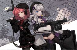 Rule 34 | 2girls, aa-12 (girls&#039; frontline), ahoge, automatic shotgun, beret, black gloves, black headwear, black pantyhose, black skirt, black thighhighs, blue eyes, blunt bangs, bow, buckle, candy, chain-link fence, character name, cloud, cloudy sky, coat, combat shotgun, drum magazine, fence, fingernails, food, fur-trimmed hood, fur trim, girls&#039; frontline, gloves, grey coat, grey hair, gun, h&amp;k mp7, hair ornament, hat, headphones, high-capacity magazine, holding, holding gun, holding weapon, hood, hood down, hooded coat, hyatsu, lollipop, long hair, looking at viewer, magazine (weapon), medium hair, mouth hold, mp7 (girls&#039; frontline), multicolored coat, multiple girls, nail polish, open mouth, outdoors, pantyhose, parted lips, personal defense weapon, pink hair, pouch, purple coat, purple nails, shotgun, side ponytail, skirt, sky, sleeves past wrists, snap-fit buckle, striped, striped bow, submachine gun, suppressor, teeth, thighhighs, two-tone coat, weapon, yellow eyes, zipper, zipper pull tab