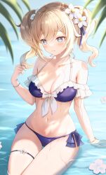 Rule 34 | 1girl, alternate costume, barbara (genshin impact), bare shoulders, beach, bikini, blonde hair, blue bikini, blue eyes, blush, breasts, closed mouth, collarbone, commentary request, flower, frilled bikini, frills, front-tie bikini top, front-tie top, genshin impact, hair flower, hair ornament, highres, looking to the side, medium breasts, nasii, navel, ocean, off-shoulder bikini, off shoulder, purple bikini, solo, stomach, swimsuit, twintails, wet, white flower