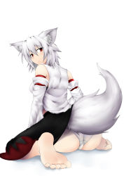 Rule 34 | 1girl, animal ears, arched back, ass, bare shoulders, barefoot, black skirt, closed mouth, detached sleeves, from behind, full body, hair between eyes, highres, inubashiri momiji, lifted by tail, looking at viewer, looking back, multicolored clothes, multicolored skirt, no headwear, panties, red eyes, red skirt, ribbon-trimmed sleeves, ribbon trim, shirt, short hair, simple background, sitting, skirt, sleeveless, sleeveless shirt, soles, solo, tail, toes, touhou, underwear, wariza, white background, white hair, white panties, white shirt, wolf ears, wolf tail, zakusan