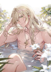 Rule 34 | 1boy, bathing, bathtub, blonde hair, blurry, blurry background, feet out of frame, flower, hair between eyes, highres, holding, holding flower, honkai: star rail, honkai (series), jewelry, knee up, leaf, lily (flower), long hair, looking at viewer, luocha (honkai: star rail), male focus, megumi gnsn, nipples, nude, partially submerged, pendant, petals, petals on liquid, solo, water, wet, white flower, white lily