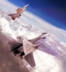 Rule 34 | ace combat, ace combat 04, aircraft, airplane, cloud, f-16, fighter jet, flying, jet, mig-29, military, military vehicle, missile, mobius 1, no humans, nou shiroppu, realistic, sky, vehicle focus