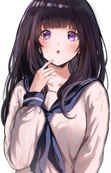 Rule 34 | 1girl, :o, absurdres, black hair, black sailor collar, blunt bangs, blush, chitanda eru, collarbone, commentary, hand up, highres, hyouka, kamiyama high school uniform (hyouka), long hair, long sleeves, looking at viewer, neckerchief, open mouth, purple eyes, purple hair, sailor collar, sak (lemondisk), school uniform, serafuku, shirt, simple background, solo, symbol-only commentary, upper body, white background, white shirt