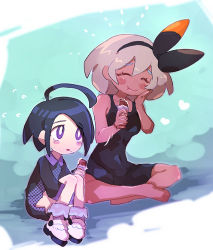 Rule 34 | 1boy, 1girl, ahoge, allister (pokemon), barefoot, bea (pokemon), black bodysuit, black hair, black hairband, blush, blush stickers, bodysuit, bow hairband, candy, chiimako, chocolate, chocolate bar, closed eyes, closed mouth, collared shirt, commentary request, creatures (company), dark-skinned female, dark skin, eating, eyelashes, flying sweatdrops, food, game freak, grey hair, hairband, head rest, heart, holding, long sleeves, mole, mole under mouth, nintendo, pokemon, pokemon swsh, purple eyes, shirt, shoes, short hair, sitting, toes, white footwear