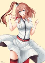 Rule 34 | 1girl, anchor, bad id, bad pixiv id, breast pocket, breasts, brown hair, cowboy shot, dated, dress, grey eyes, hair between eyes, highres, kantai collection, large breasts, looking at viewer, neckerchief, pocket, ponytail, red neckerchief, red thighhighs, saratoga (kancolle), side ponytail, sidelocks, simple background, smokestack, solo, standing, thighhighs, twitter username, white dress, yamato (083), yellow background
