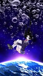 Rule 34 | 1girl, absurdres, air bubble, black eyes, black footwear, black hair, black jacket, blazer, blue skirt, bow, bowtie, bubble, closed mouth, collared shirt, earth (planet), expressionless, full body, hair floating upwards, hair ornament, hairclip, highres, hime cut, hinoyama ena, hugging own legs, jacket, knees up, kumeta kouji (style), lapels, long hair, long sleeves, miniskirt, nijisanji, no pupils, parody, pink bow, pink bowtie, planet, pleated skirt, school uniform, shirt, shoes, sinking, skirt, sky, solo, space, star (sky), starry sky, style parody, sun, sunrise, thighhighs, tsukino mito, tsukino mito (1st costume), virtual youtuber, white thighhighs