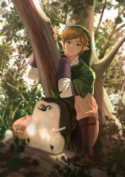 Rule 34 | 1boy, armor, blonde hair, blue eyes, blurry, blurry foreground, boots, brown footwear, brown gloves, chainmail, creature, fingerless gloves, full body, gloves, green headwear, green tunic, grey pants, hat, highres, in tree, leaf, link, looking at another, machi (zelda), male focus, nintendo, outdoors, pants, pointy ears, shirt, short hair, sidelocks, swept bangs, tehwi, the legend of zelda, the legend of zelda: skyward sword, tree, twitter username, white shirt