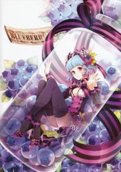 Rule 34 | 1girl, absurdres, bare shoulders, black thighhighs, blue hair, blueberry, blunt bangs, blush, bottle, bow, breasts, cleavage, detached sleeves, dress, flower, food, food-themed hair ornament, food as clothes, fruit, hair flower, hair ornament, hair ribbon, high heels, highres, in bottle, in container, in food, medium breasts, mini person, minigirl, nardack, open mouth, original, red eyes, ribbon, shoes, short hair, sitting, skirt, solo, tears, thighhighs, wet