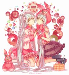 Rule 34 | 2girls, animal hood, black skirt, candy, character name, checkerboard cookie, closed mouth, cookie, copyright name, doughnut, food, fork, frills, from side, gloves, grey eyes, grey hair, hatsune miku, highres, holding hands, hood, interlocked fingers, kneeling, lol -lots of laugh- (vocaloid), long hair, long sleeves, looking at viewer, multiple girls, pancake, parted lips, pink gloves, pink skirt, rabbit hood, sailor collar, school uniform, serafuku, short sleeves, sidelocks, skirt, stuffed animal, stuffed rabbit, stuffed toy, sweets, symmetry, twintails, very long hair, vocaloid, yasiromann