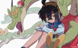 Rule 34 | 1boy, 82hanico, ahoge, black hair, blue shirt, blurry, closed mouth, collared shirt, commentary request, creatures (company), crossed bangs, crying, game freak, hair between eyes, hairband, highres, hydrapple, jacket, kieran (pokemon), knees, looking to the side, male focus, mole, mole on neck, necktie, nintendo, pokemon, pokemon (creature), pokemon sv, red necktie, sad, shirt, sitting, tears, yellow hairband