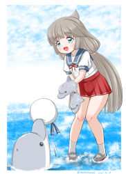 Rule 34 | 1girl, blue sailor collar, commentary request, dated, dolphin, full body, green eyes, grey hair, hand puppet, hat, unworn hat, unworn headwear, kantai collection, knees together feet apart, legs together, long hair, low twintails, masara (chuujou), mikura (kancolle), pleated skirt, puffy short sleeves, puffy sleeves, puppet, red skirt, sailor collar, sailor hat, sailor shirt, shirt, shoes, short sleeves, skirt, socks, standing, standing on liquid, twintails, twitter username, uwabaki, white shirt, white socks